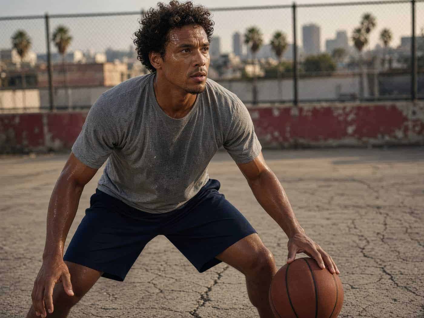 Athlete dribbling a basketball on an outdoor court